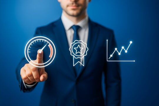 Business KPI Icons with Executive Touching Speedometer