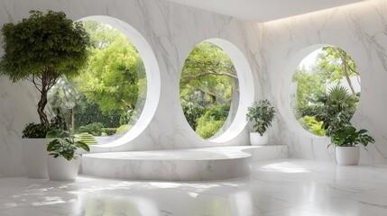 Modern minimalist room with white marble-textured walls, large circular windows framing a lush green garden, elegant white podium and stylish planters