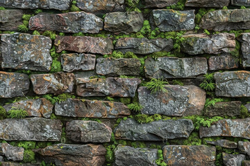Obraz premium Old stone wall texture with greenery providing a rustic vintage background