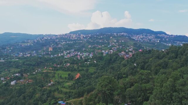 Aerial drone footage of Tansen, Palpa hill station in Nepal, showcasing panoramic mountain views, traditional houses, and the serene beauty of this historic hillside town.