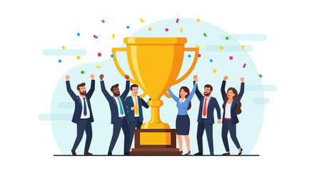 Successful Business Team Celebrates Achievement Of Winning Trophy and Recognition