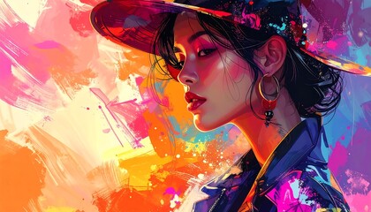 Woman with hat, depicted in bright, colorful brushstrokes, glowing under a side light