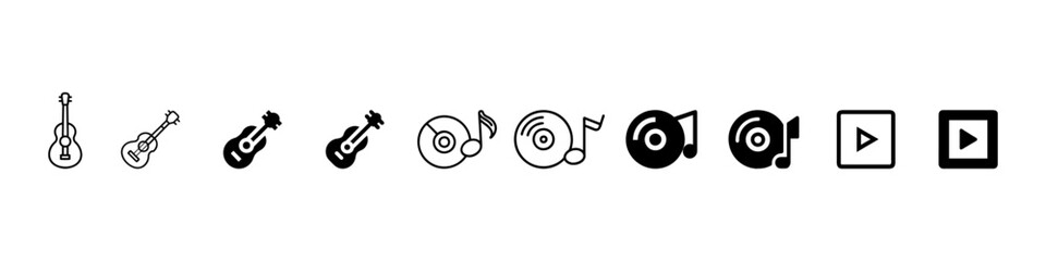 Set of music, guitar, and media icons, musical instrument, record, play, and audio symbols, outline and filled vector illustrations