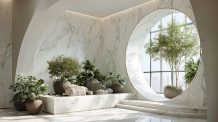 Refined modern interior with white marble walls, circular garden window, and decorative planters arranged near podium