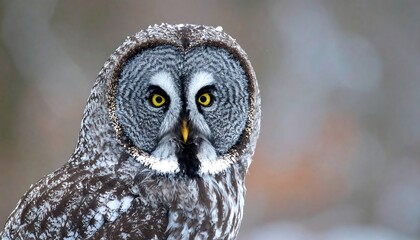 Obraz premium Close-up of a gray owl with piercing yellow eyes staring directly at the viewer, wintery blurred background