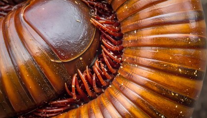 Close-up view of a curled, segmented millipede with visible legs and a glossy, brown exoskeleton