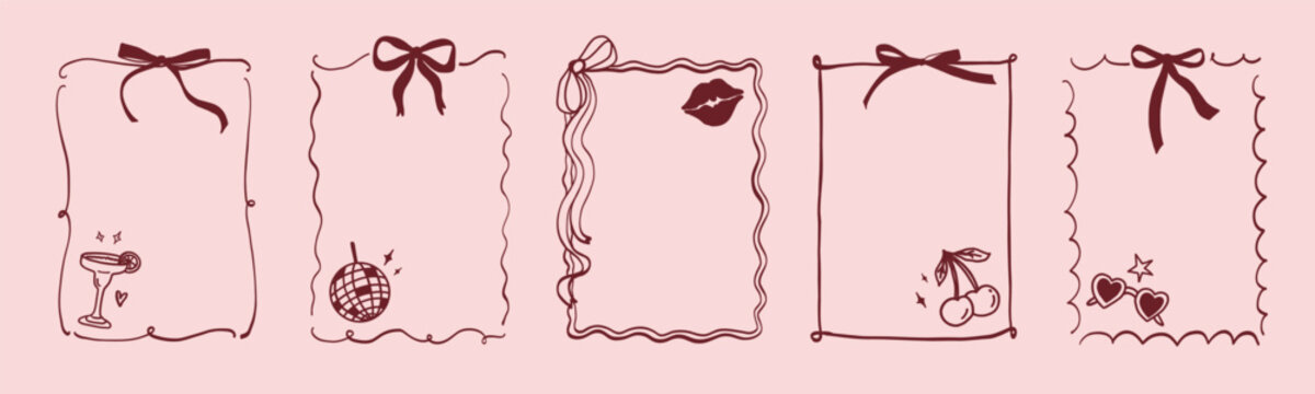 Bachelorette whimsical frame set with bow, disco ball, martini glass, cherry and sunglasses. Whimsy ribbon border for wedding party invitation. Coquette line art outline doodle illustration