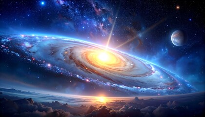 Cosmic scene A swirling galaxy, bright at center, viewed from clouds on a world with another celestial body