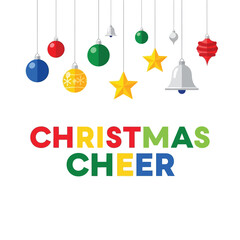 Christmas Cheer text with hanging ornaments, festive holiday season decoration.