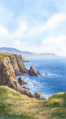 Obraz premium Explore the Serenity of the Ocean: A Captivating Watercolor Landscape of Cliffs, Waves, and Peaceful Shores in a Breathtaking Coastal Scene