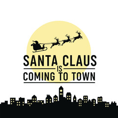 Santa Claus Sleigh and Reindeer Flying Over City Silhouette at Night.