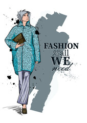 Vector fashion sketches of young woman in fashion clothing outfits, flat drawings