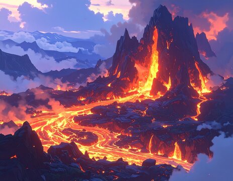 Volcanic landscape showing a river of lava flowing down a dark mountainous region under a cloudy sky