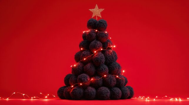 Christmas banner with a Christmas tree made of wool yarn balls, New Year poster with space for text, AI-generated - Powered by Adobe