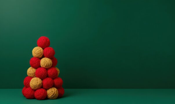Christmas banner with a Christmas tree made of wool yarn balls, New Year poster with space for text, AI-generated
