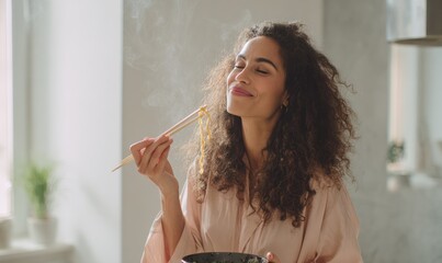 A young woman enjoying a hot fresh Chinese noodles or ramen, portrait of eating people, close-up photo, AI-generated