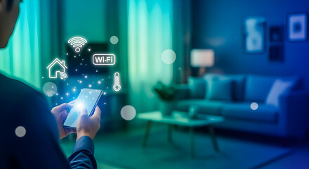 Smart Home Control via Smartphone with Wi-Fi Icons in Living Room