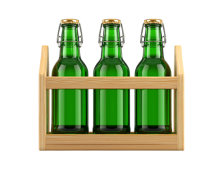 Three Green Swing Top Bottles in Wooden Carrier isolated on a transparent background
