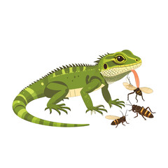 Naklejka premium Green Lizard Catching Bees with Its Tongue Out on a White Background Pixel Art Illustration