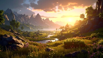 Idyllic valley vista with wildflowers, mountains, stream under vibrant sunset, rendering beautiful natural scene