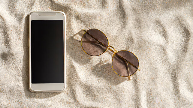 Sunglasses and smartphone on the beach. Experience the tranquil summer vibes as you relax on a beautiful sandy beach, enjoying your smartphone. Generative AI image