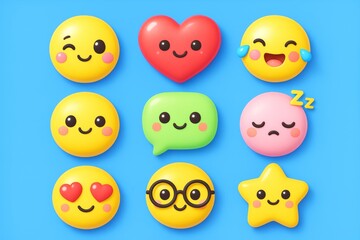 Cute colorful emoji characters with happy, sad, sleepy, and loving expressions on bright blue background in playful cartoon style. Ai generative. Ai generative