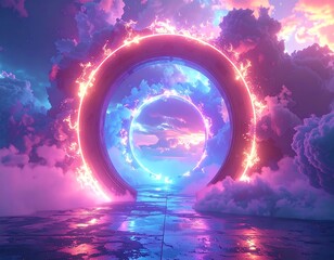 Glowing circular portal emits neon pink & blue light, set against fluffy clouds and a reflective surface