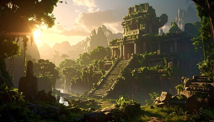 Jungle-clad ancient stone temple complex bathed in warm sunlight, nestled amidst lush greenery and distant mountains