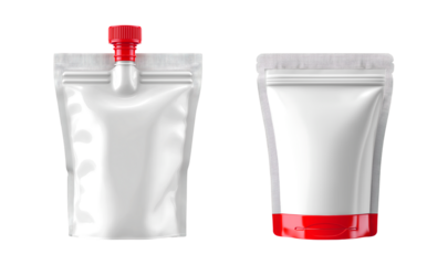 White flexible spouted pouch packaging mockup with orange cap isolated on a transparent background