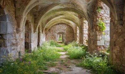 Fototapeta premium Abandoned ruins of an ancient medieval stone castle or tower, covered with moss and overgrown with ivy, a mysterious view of a ruined palace, romantic castlecore style, AI-generated