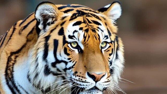 Close up portrait of a tiger with striking yellow eyes and distinctive black stripes on its fur tiger video