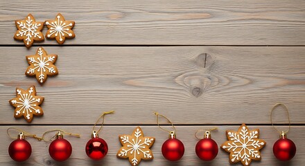 Festive Christmas gingerbread cookies and red baubles arranged on a rustic wooden background.