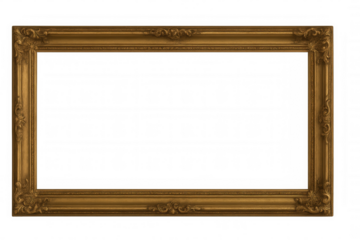 Ornate gold picture frame with antique baroque carving, vintage gilded border, empty transparent background