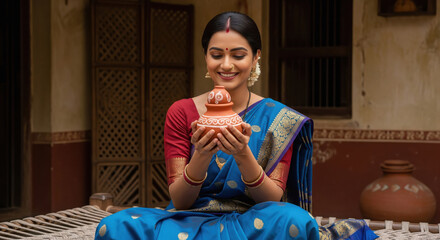 Smiling Indian woman cradles beautiful traditional earthen pot