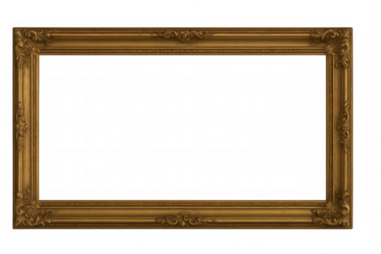 Ornate gold picture frame with antique baroque carving, vintage gilded border, empty transparent background