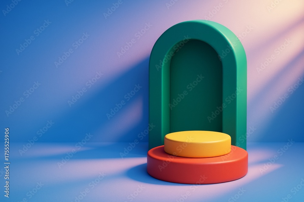 Wall mural colorful geometric podium with green arch and circular platforms on minimalist blue background with 