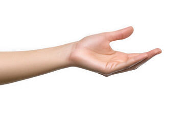 Open palm hand gesture reaching out against black background image