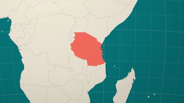 Tanzania map. Animated zoom into the country on the Globe in Teal Pale Mint color palette. Country logo animation. Map with meridians, parallels. Stylish video.