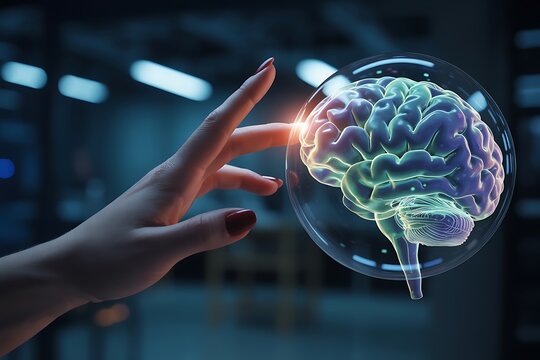 A human hand reaches out to interact with a glowing holographic projection of a human brain in a futuristic digital environment