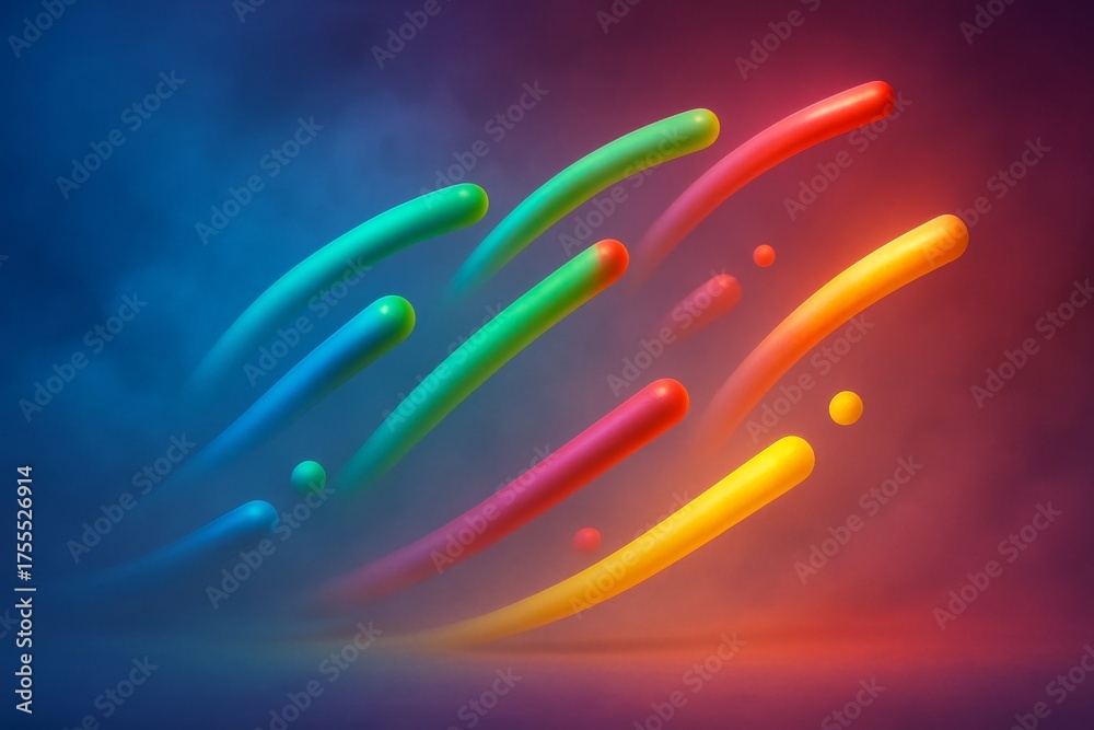 Wall mural abstract colorful light streaks and spheres floating in a dynamic motion concept on a misty gradient