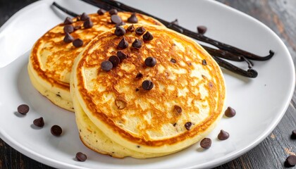 Delicious Chocolate Chip Pancakes on a White Plate.