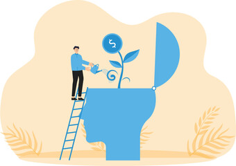 Self improvement and personal development or growth mindset, motivation to grow and achieve career success, learning new skill or knowledge concept, businessman watering plant growing from his self he