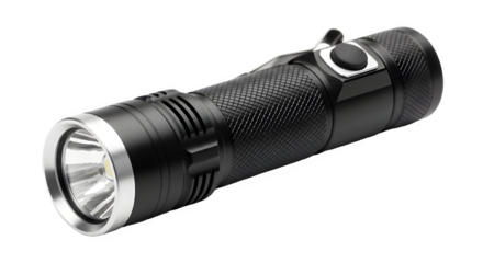 Black tactical flashlight isolated on transparent background, featuring a textured grip