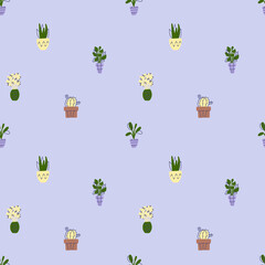 seamless pattern with  home flower in a pott  Cozy home
