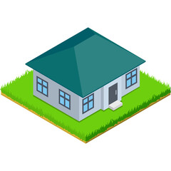 Pixel Art Isometric House on Green Grass Plot with Teal Roof and White Walls Clear Blue Sky Lighting No Shadows