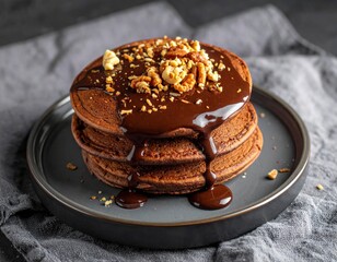 Delicious Chocolate Pancakes Stacked High with Nut Topping and Chocolate Sauce.