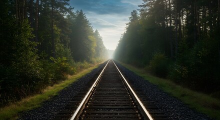 Tracks disappear into a misty, sunlit forest, creating a linear perspective