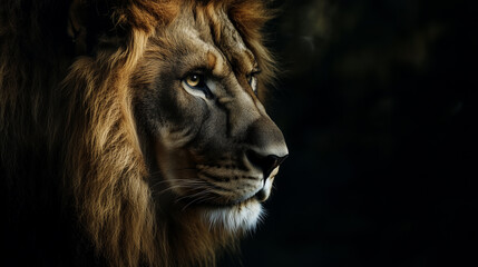 Fototapeta premium lion with fluffy mane looking away in savanna. Detail face lion.