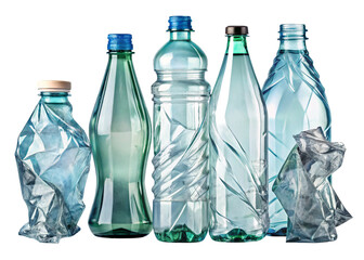 Set of crumpled glass water bottle in various shape, isolated cut out