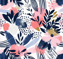 Fototapeta premium Beautiful seamless vector pattern with flowers and leaves on a white background, great for textile design or art projects. It features plants, petals, and creative arts. A beautiful floral design